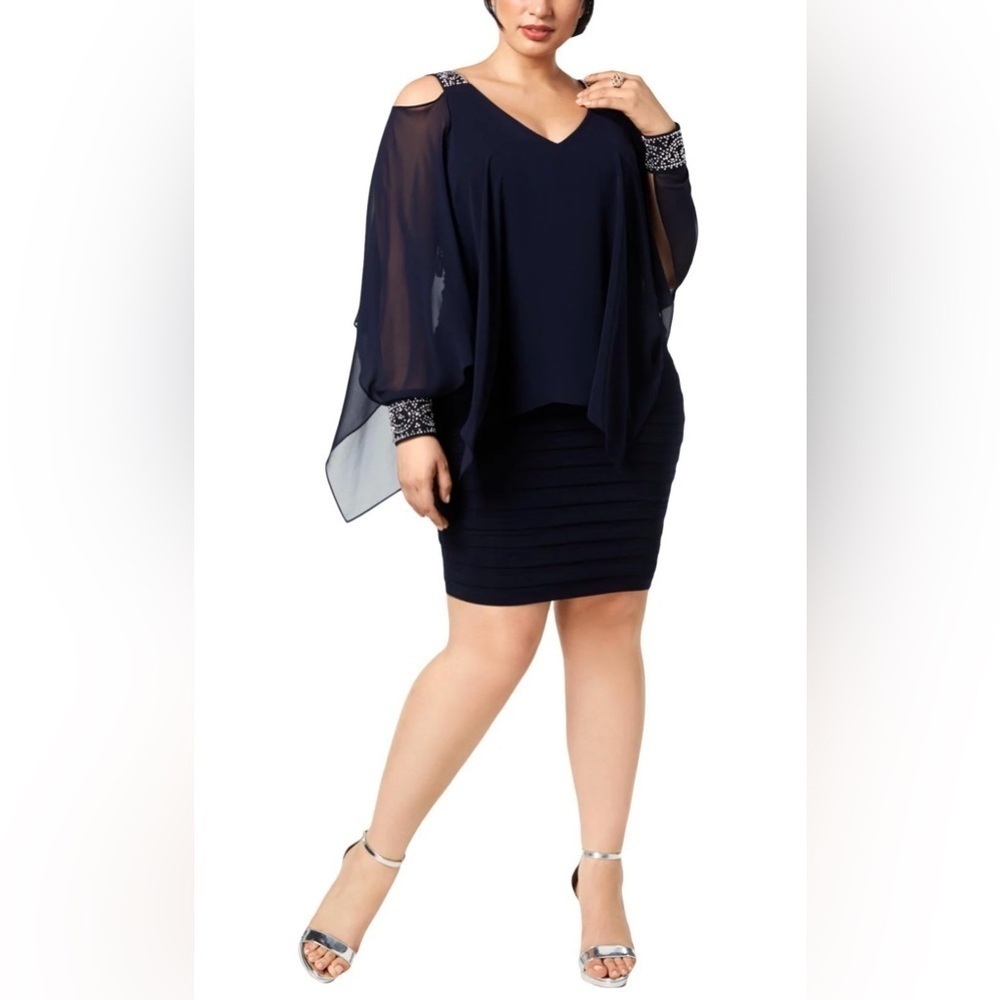 Betsy & Adams Elegant Navy Silver Cold Shoulder Drop Waist Dress Plus Sizes, NEW